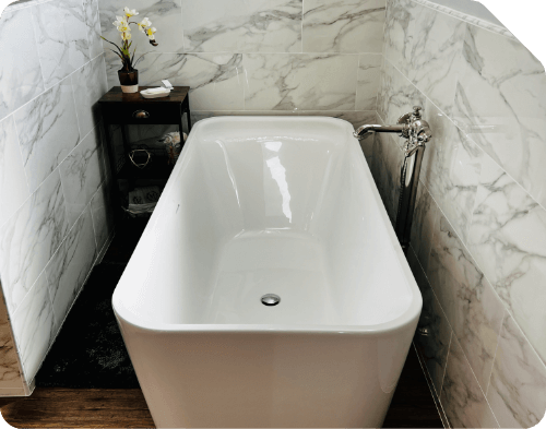 modern white freestanding bathtub marble wall bathroom